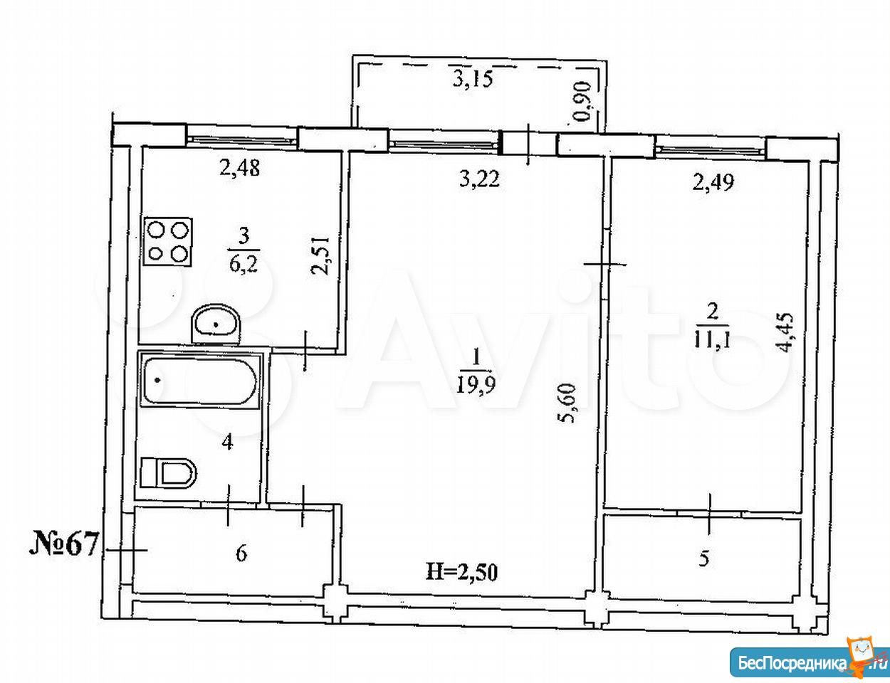 План 2х комнатной хрущевки 44м2